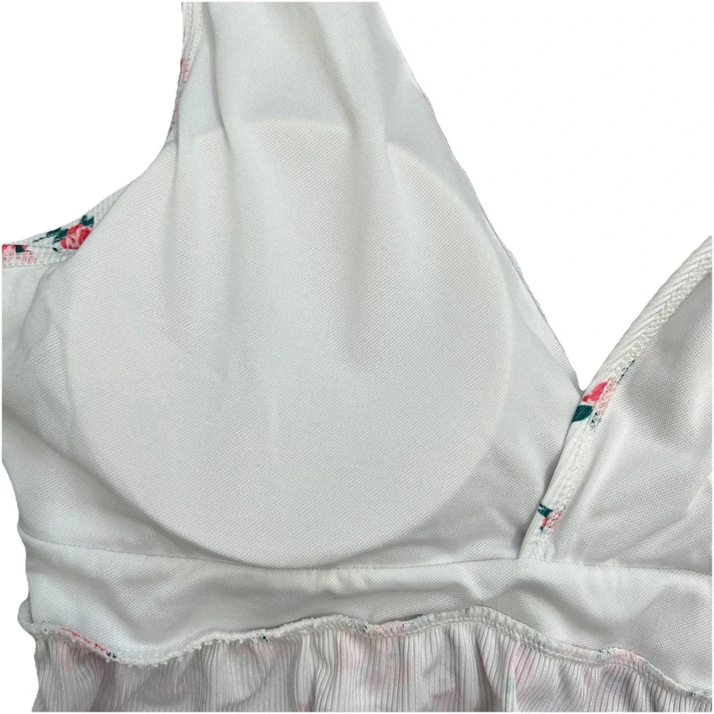 Womens 2XL Floral Ribbed Tankini Top White Pink Peplum Plus Size Swimwear